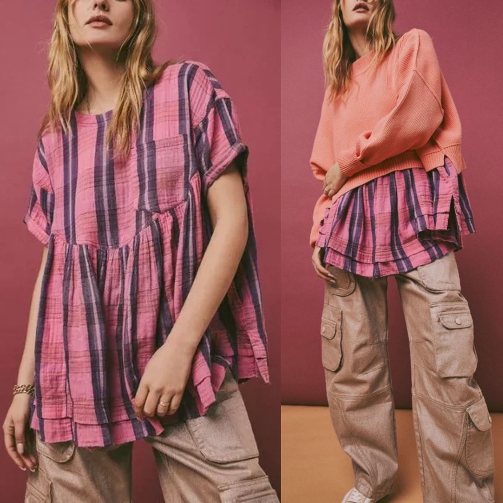 Free People Moon City Plaid Oversized Tunic Top In Pink Combo S
