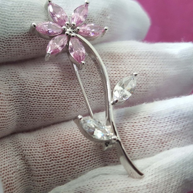 Sterling Silver Simulated Pink Topaz and CZ Flower Pin