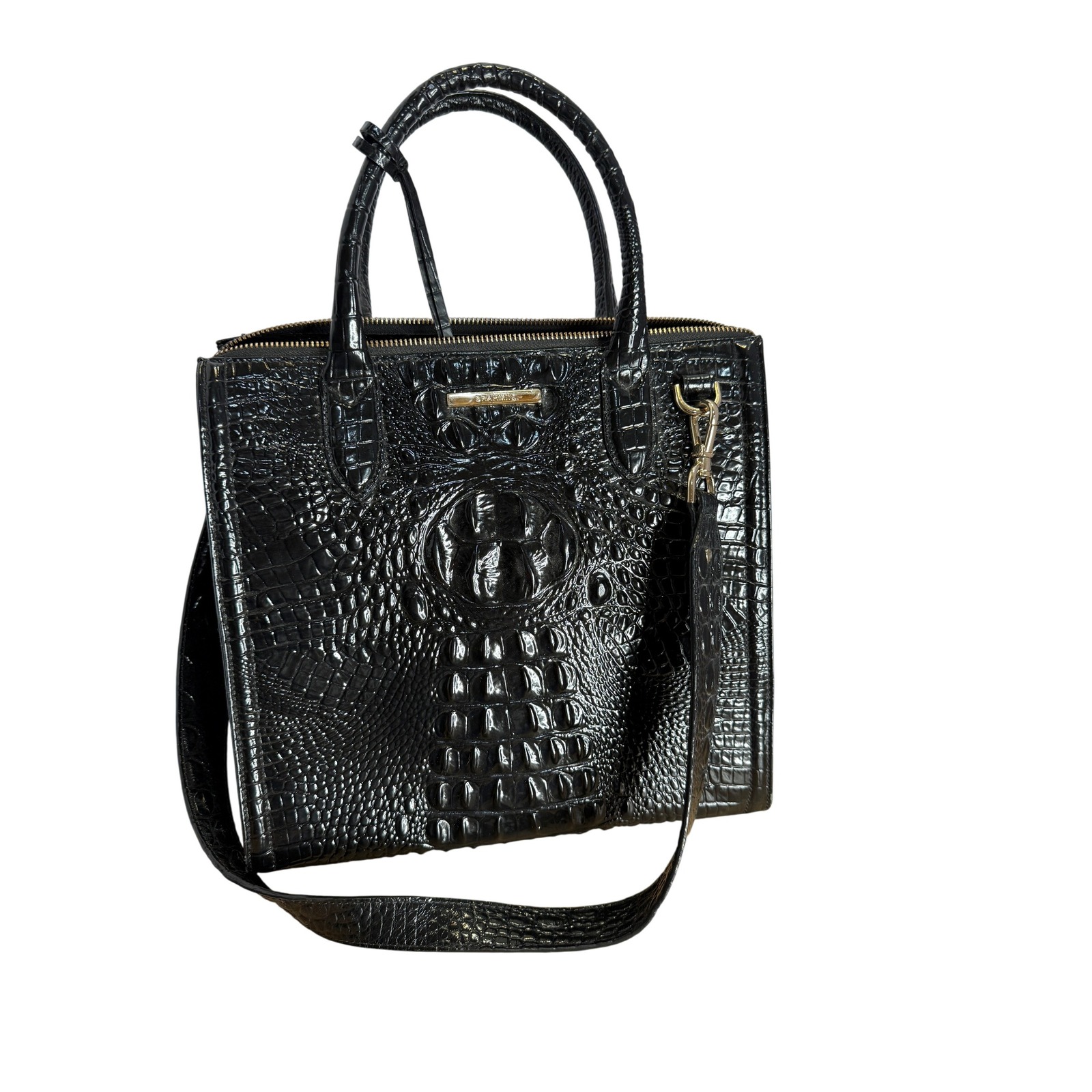 Brahmin Black Melbourne Croc-Embossed Leather Satchel Crossbody Handbag