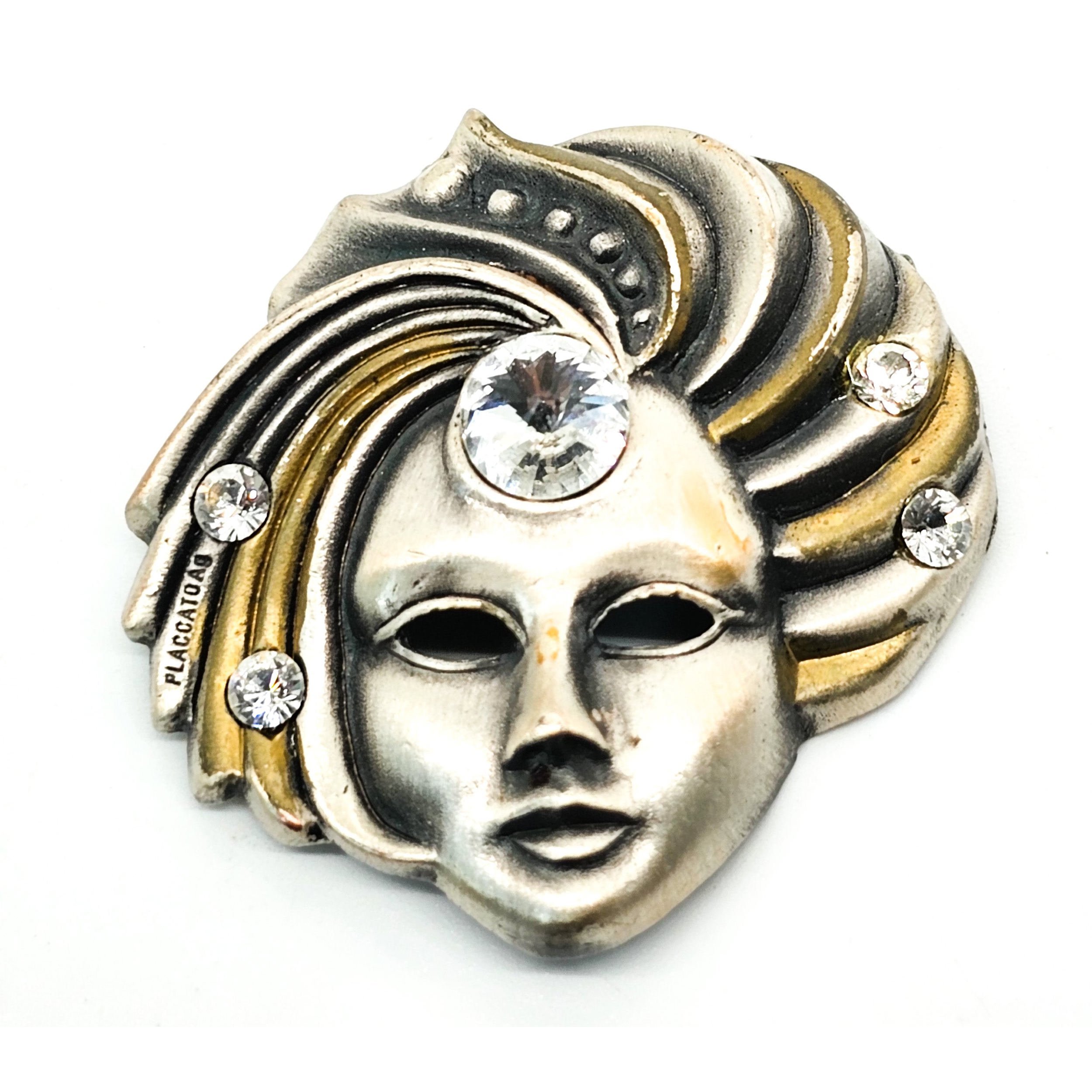 Placcato Ag Carnival mask pewter bronze vintage rhinestone brooch