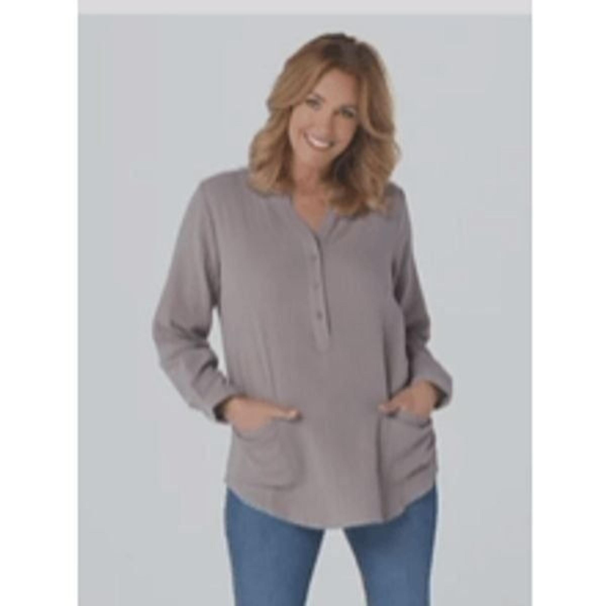 Joan Rivers Womens 3X Crinkle Texture Popover Tunic Top Gray V-Neck Pockets NWT