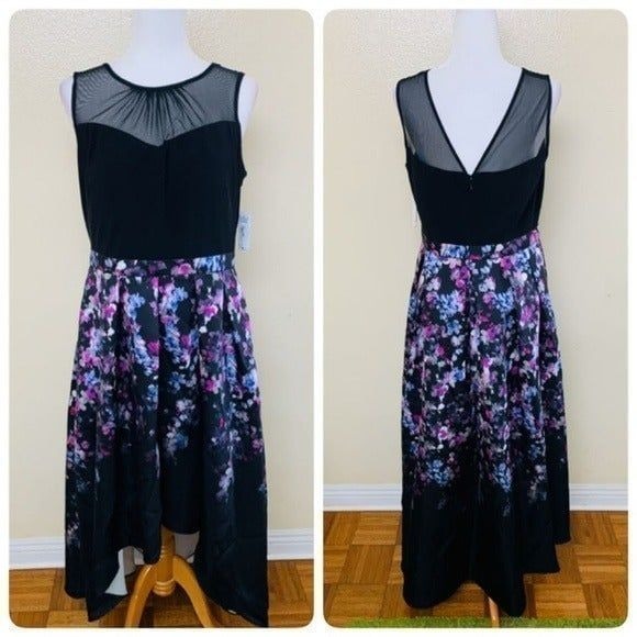 R & M Richards Floral-Print High-Low Dress Size 12 Pleated Sleeveless Black