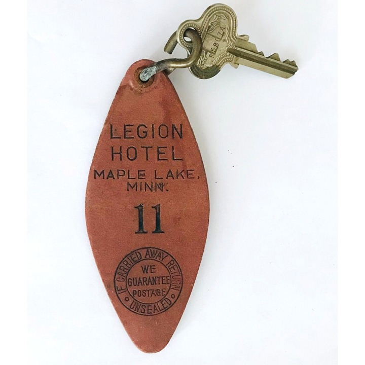 Rare Legion Hotel Maple Lake MN Room Key & Fob #11 Russwin Key Vintage Original