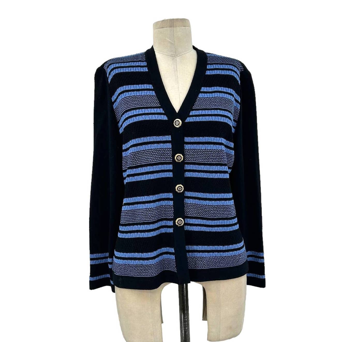 St. John Collection Santana Knit Black Blue Stripe Cardigan Sweater Size 4