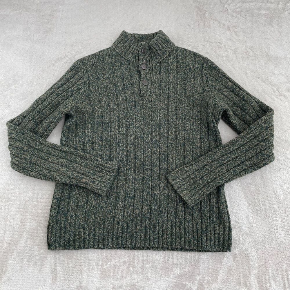 Eddie Bauer Lambs Wool Blend Sweater Men XLT Tall Green Cable Knit Henley Mock