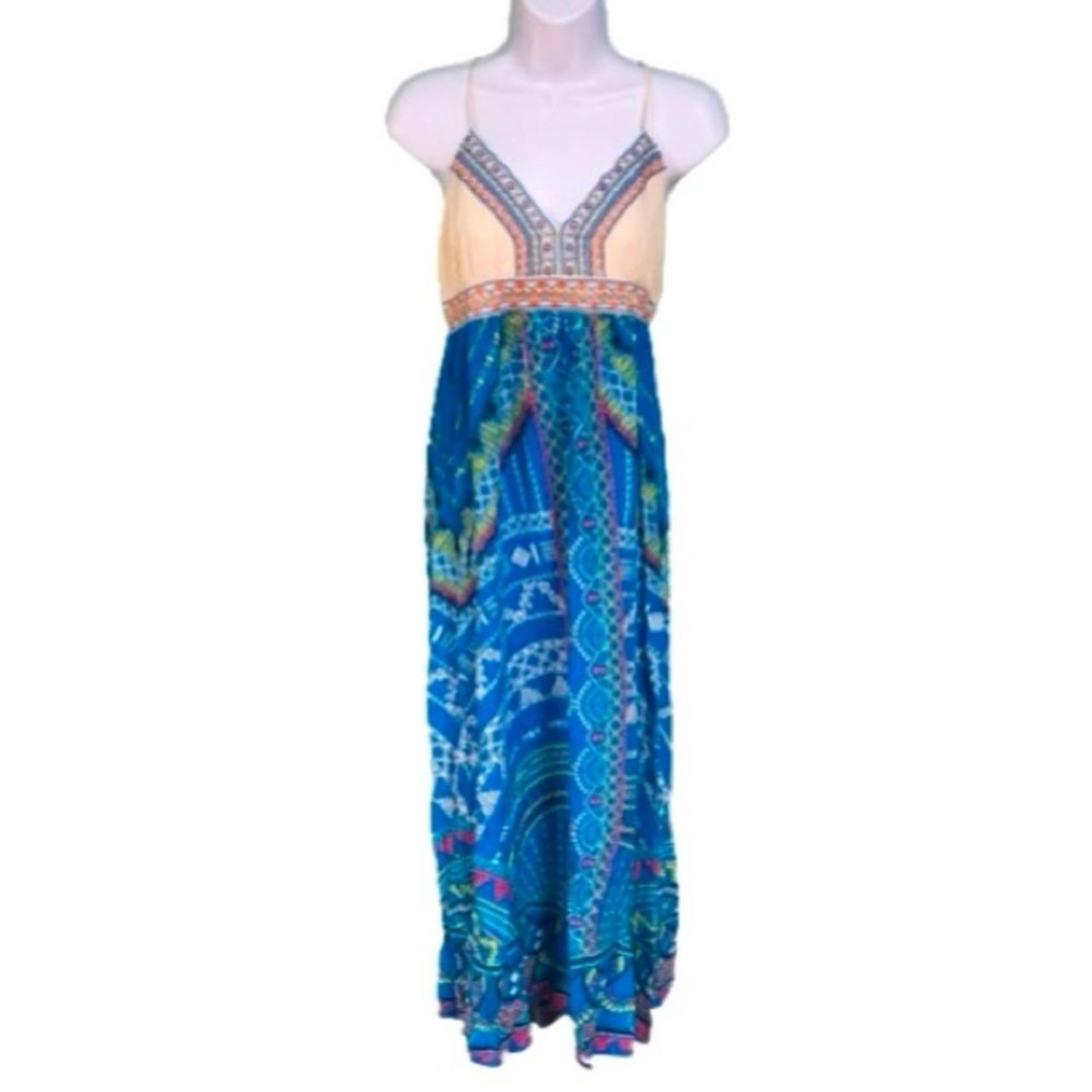 Flying Tomato Blue & Cream Boho Embroidered Maxi Dress Womens Size M
