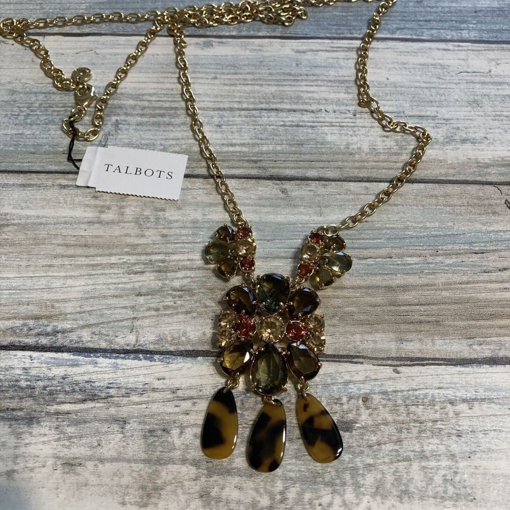 TALBOTS Tortoise Cluster Crystals Necklace NWT 34 Long Gold Tone Chain