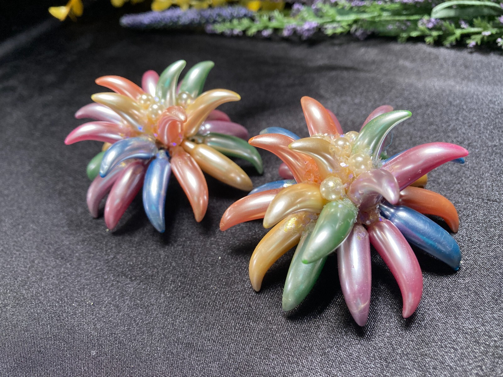 Unique Vintage Floral Clip Earrings Pearlescent Lucite Pastel Colors Faux Pearl