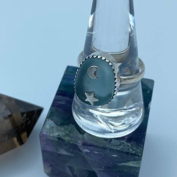 Moon & Star Sea Tumbled Sea Foam Sea Glass Sterling Silver Ring Size 10