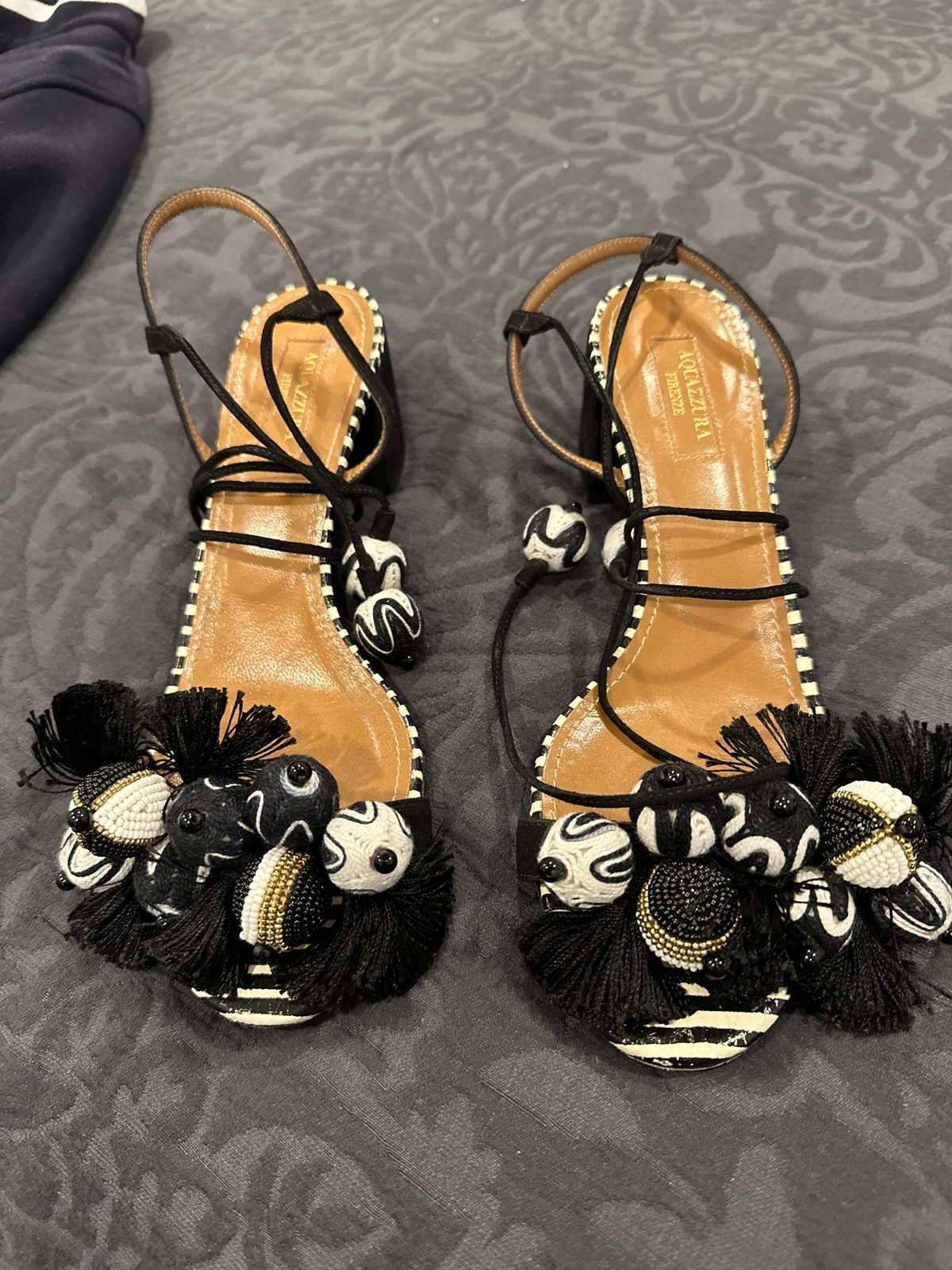 Aquazzura Black/White Suede Bead Pom Pom Block Heel Ankle Wrap Sandals Size 38