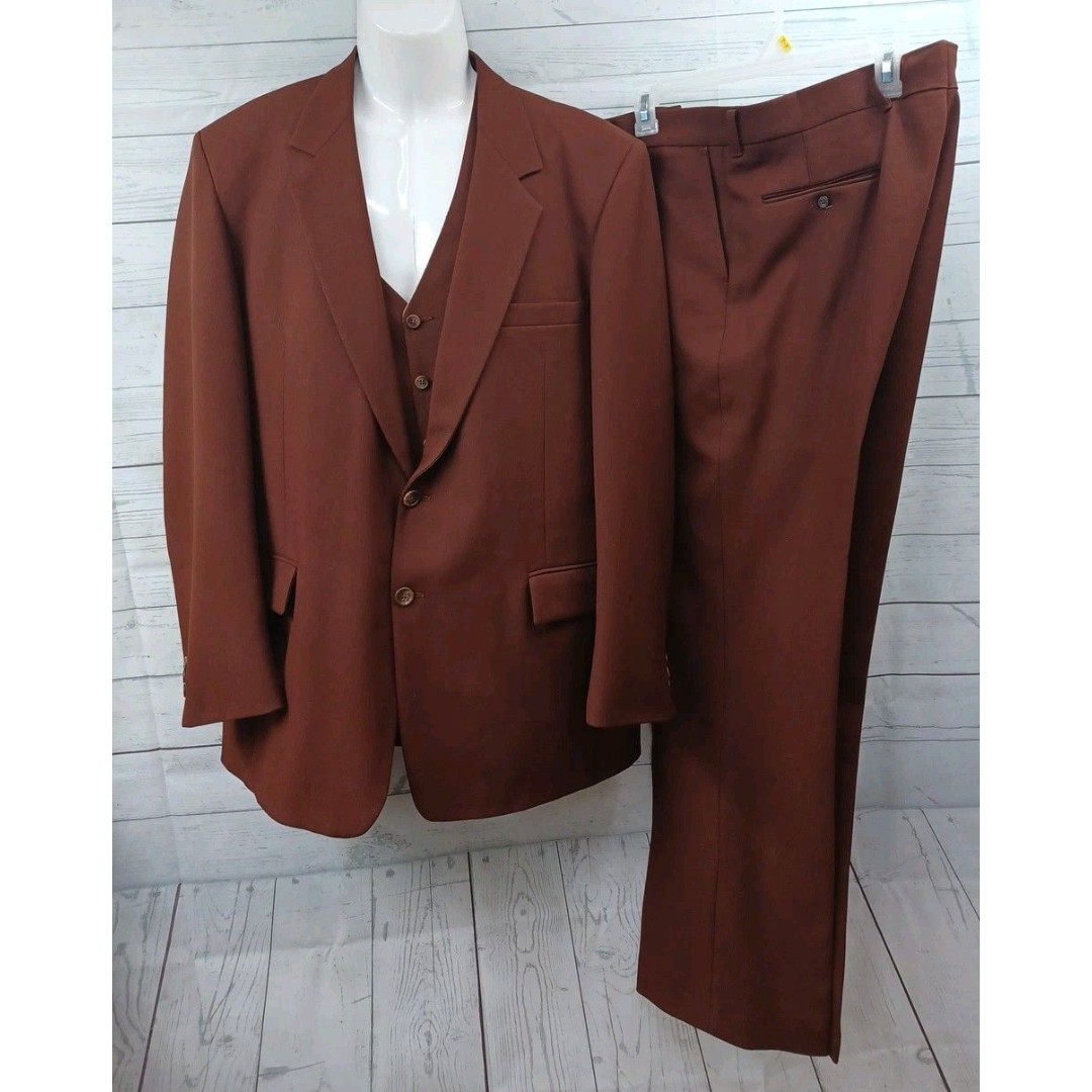 Vtg Van Cort Mens Suit Set 3 Pcs Brown Disco Leisure Suit Vest Sz 42