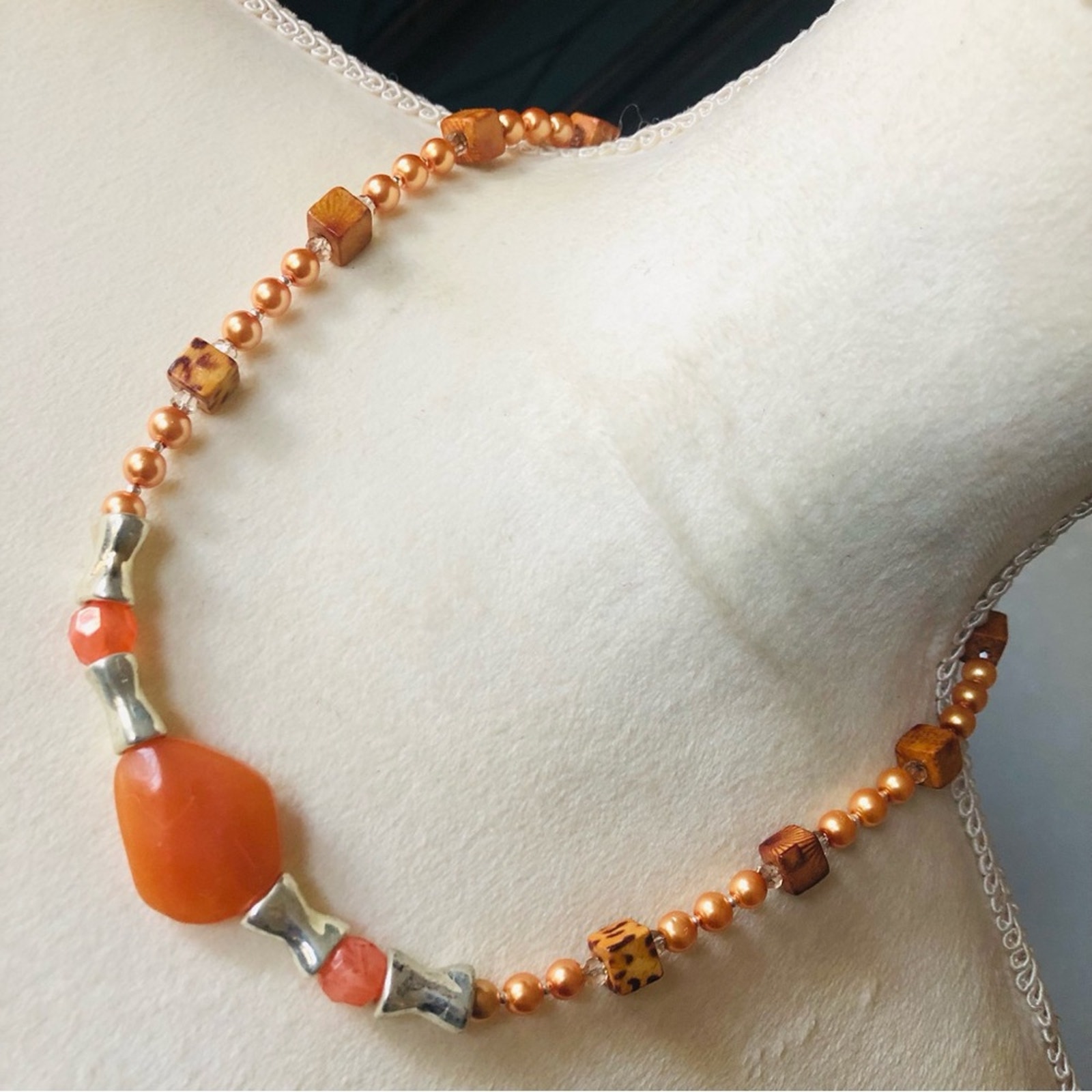 Handcrafted repurpose mixed material bead Czech glass Pearl necklace