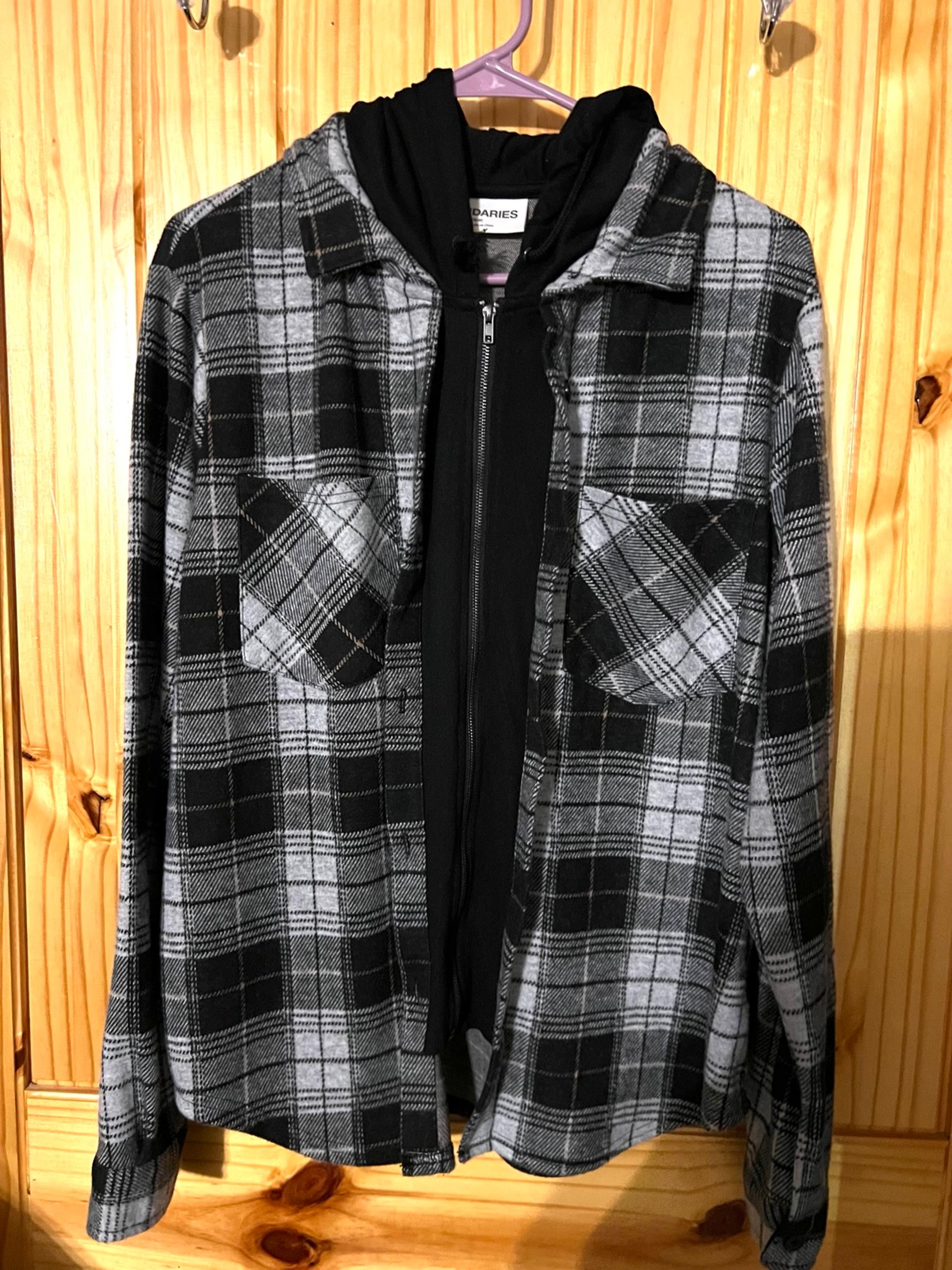 Black and grey flannel with hoodie attached