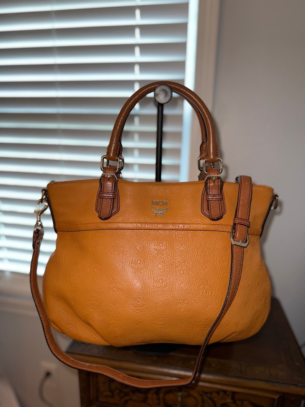 MCM Brown Embossed Leather Medium Two Way