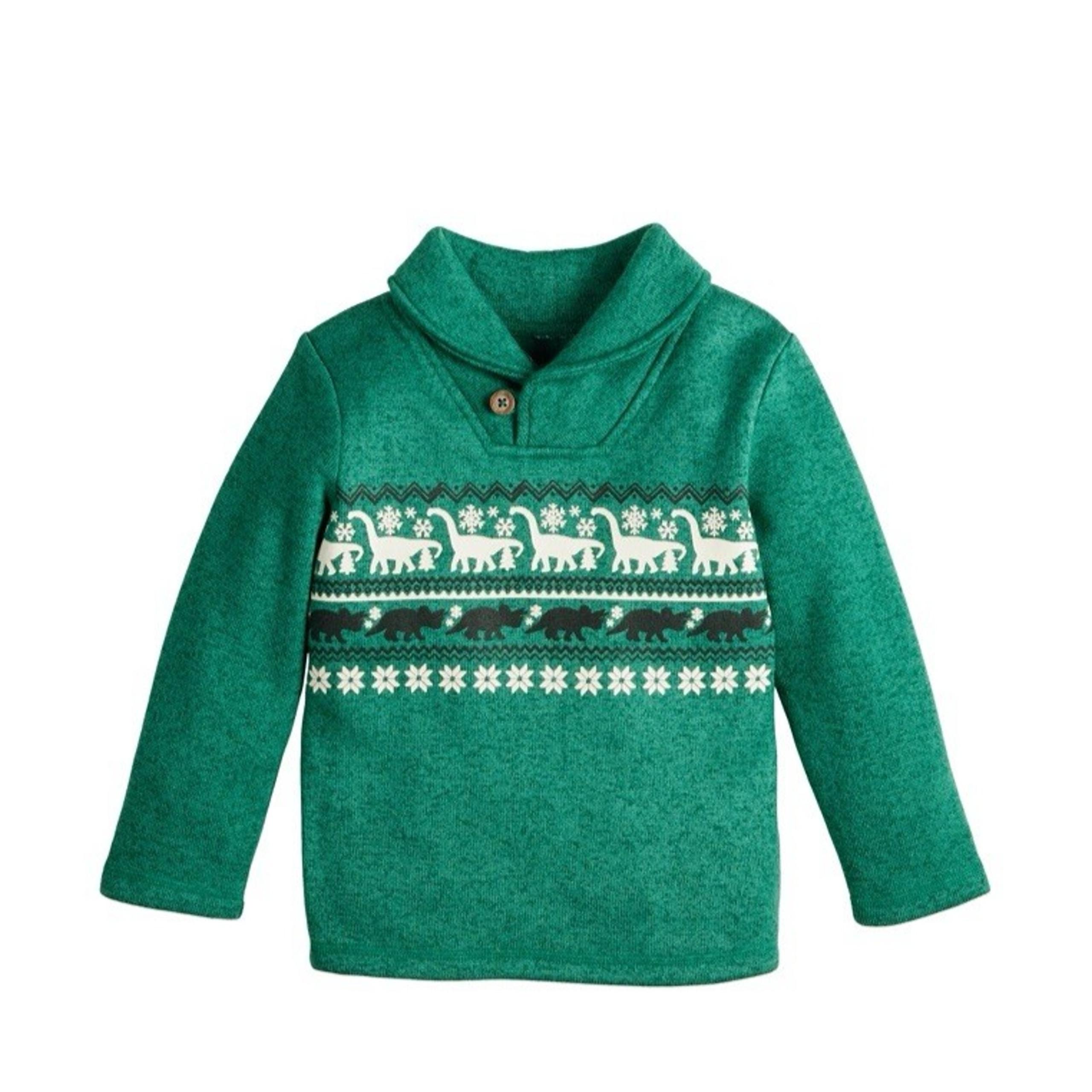 Jumping Beans Shawl Collar Fleece Sweatshirt Boy's Size 2T Green Dino Fairisle