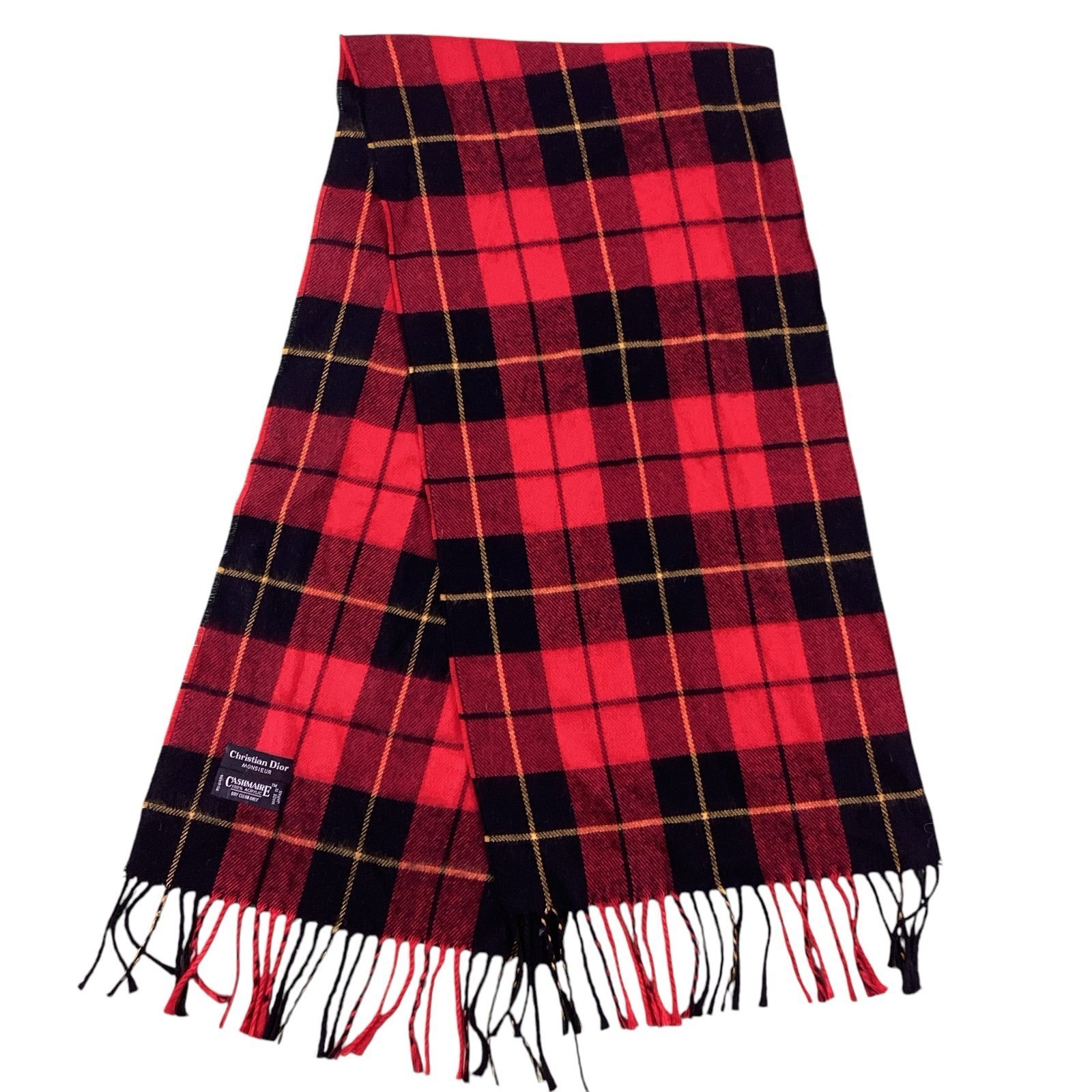 Vintage Christian Dior Cashmaire Red & Black Tartan Plaid Scarf Monsieur