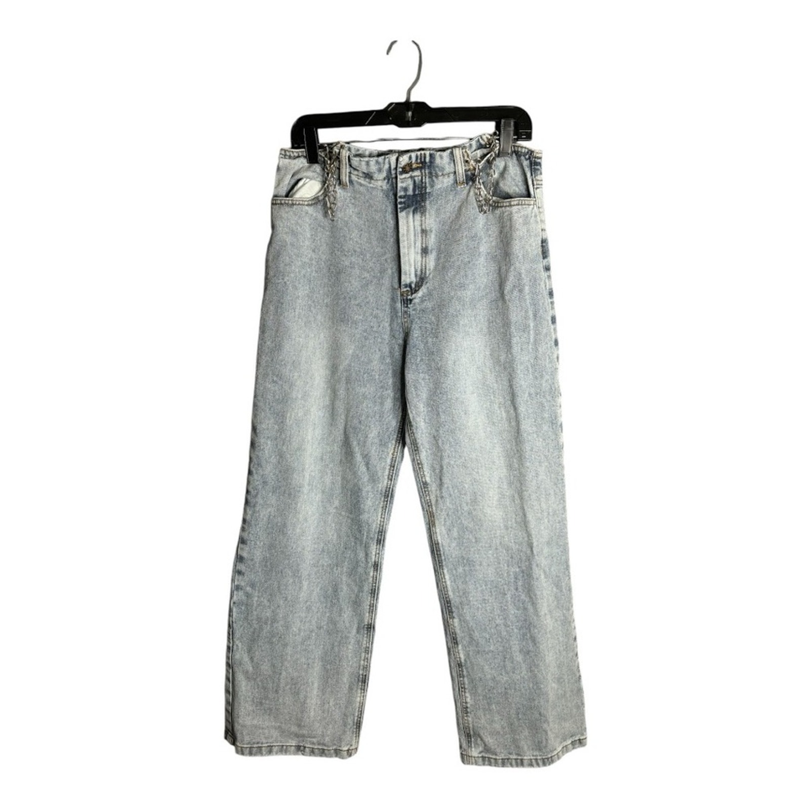 Lioness Acid Washed High Rise Wide Leg Jeans Silver Chain Detail Size Large