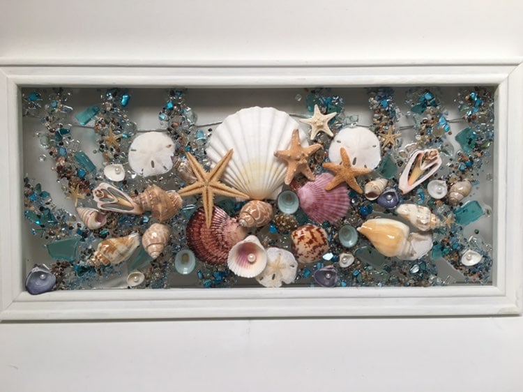 Seashell arrangement wall decor, seashell art, beach cottage decor, seashell win