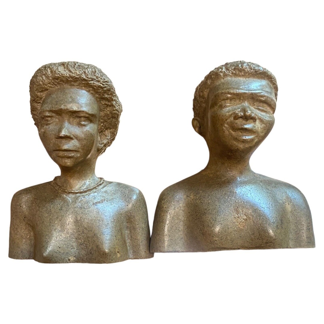 Vintage Pair Of Shona? Hand Carved Stone African Male & Female Busts Zimbabwe 4”