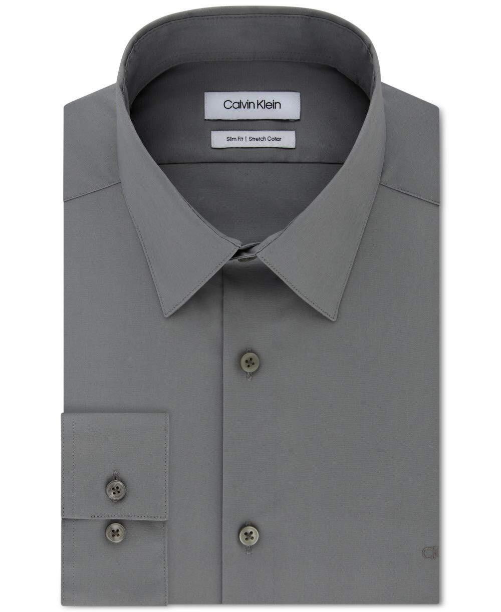 Calvin Klein Men's Dress Shirt Slim Fit Stretch Flex Collar Solid Grey XL 17.5
