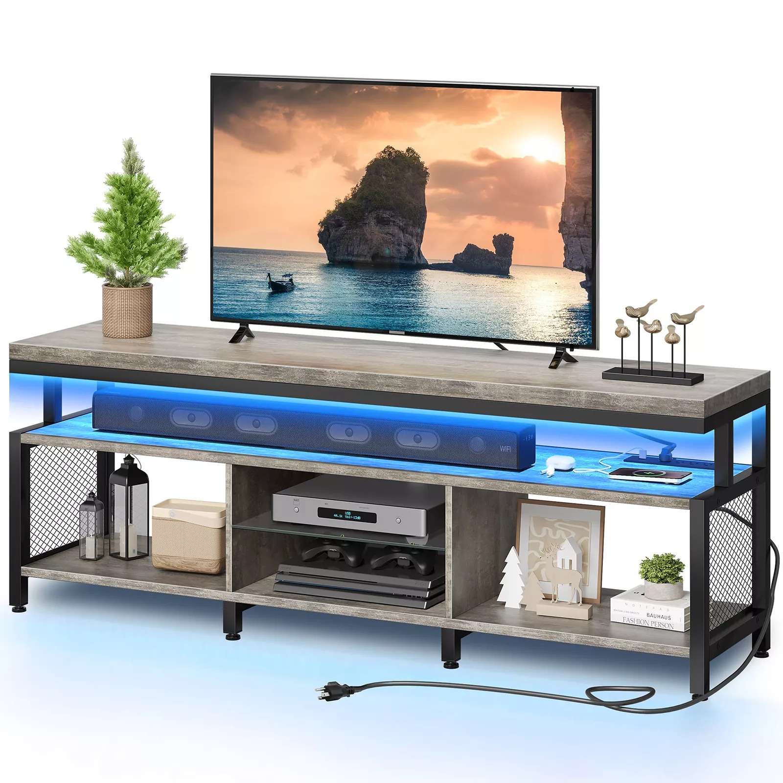 TV Stand with Power Outlets & LED Lights For 70/65/60 inch TV Console