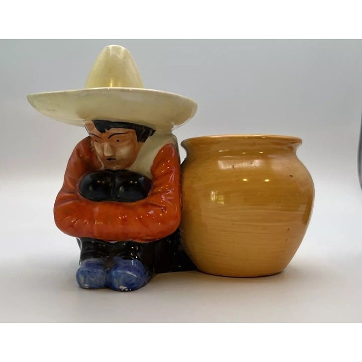 VTG Mexican Man Figurine Wearing Large Sombrero Next To Urn Or Cigarette Holder