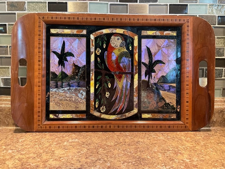 Vintage Inlaid Wood Butterfly Wing Tray