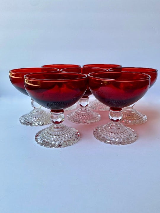 Vintage Red Boopie Bubble Foot Glasses by Anchor Hocking, Holidays, Christmas