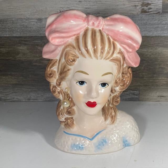 Vintage Style Repro Young Lady Head Vase Planter Blonde Hair with Pink Bow