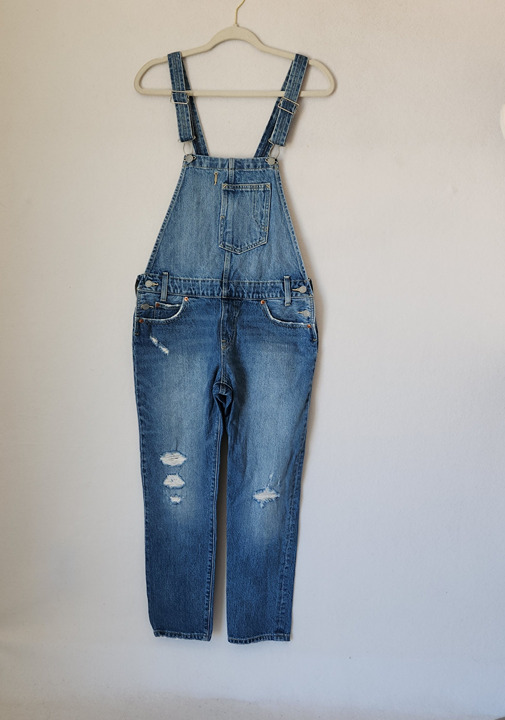 Levi's Distressed Denim Overalls Straight Open-Back Medium Wash Blue Women's S
