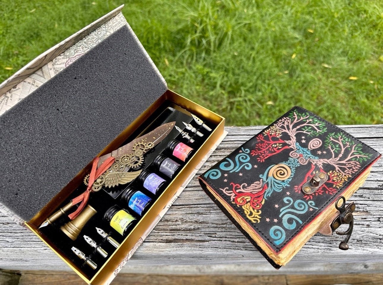 Witchcraft Wiccan Old Grimoire Book and New Feather Calligraphy Quill Set Bundle