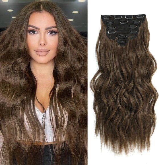New Clip-in Hair Extensions 6PCS Medium Brown Long Wavy Soft Natural Blending