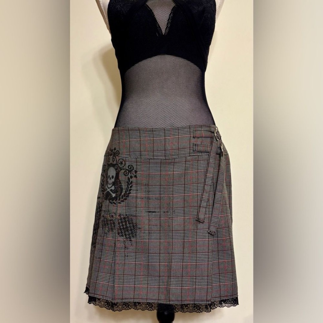 Vintage Y2K Lip Service Grey Plaid Skirt with Lace and Skulls Print Sz L