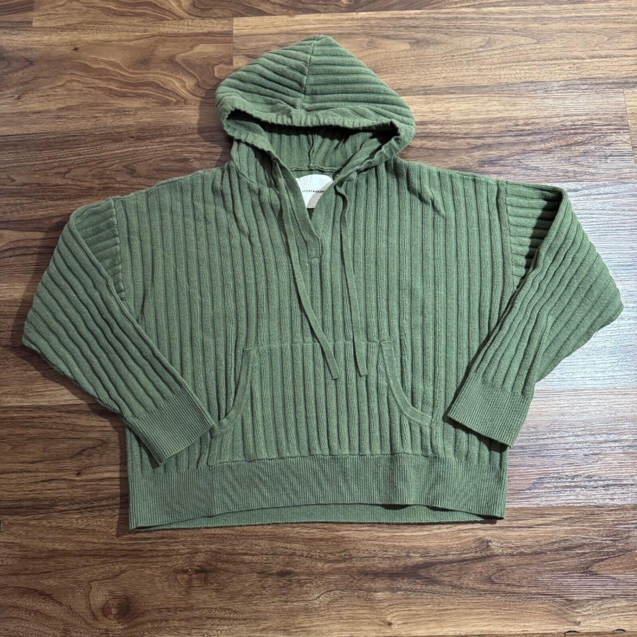 Lucky Brand Women's Ribbed Knit Hooded Sweater Green Pullover Small Long Sleeve
