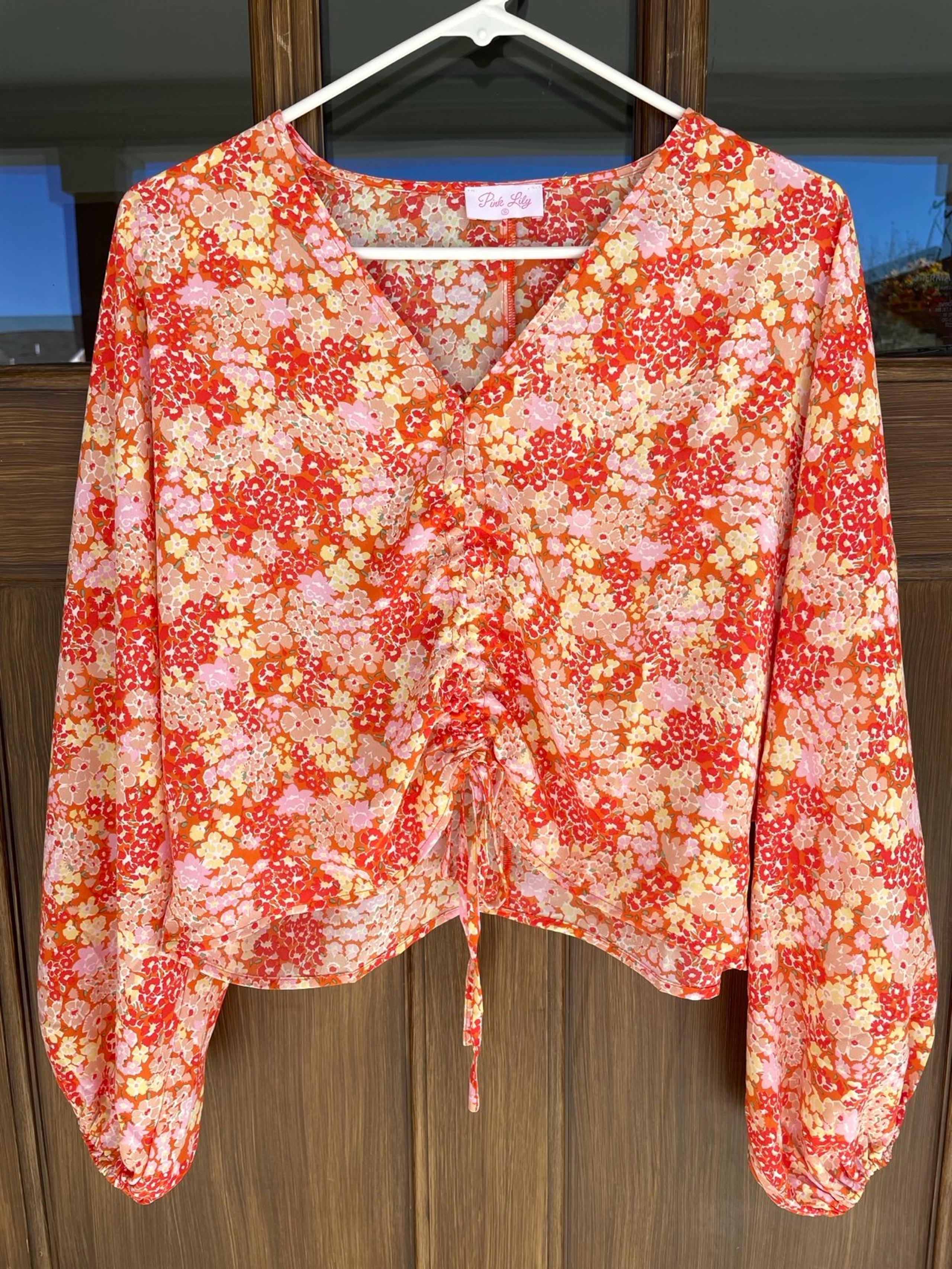 Women's Lightweight Cinched Tie Front Floral Top Size Small