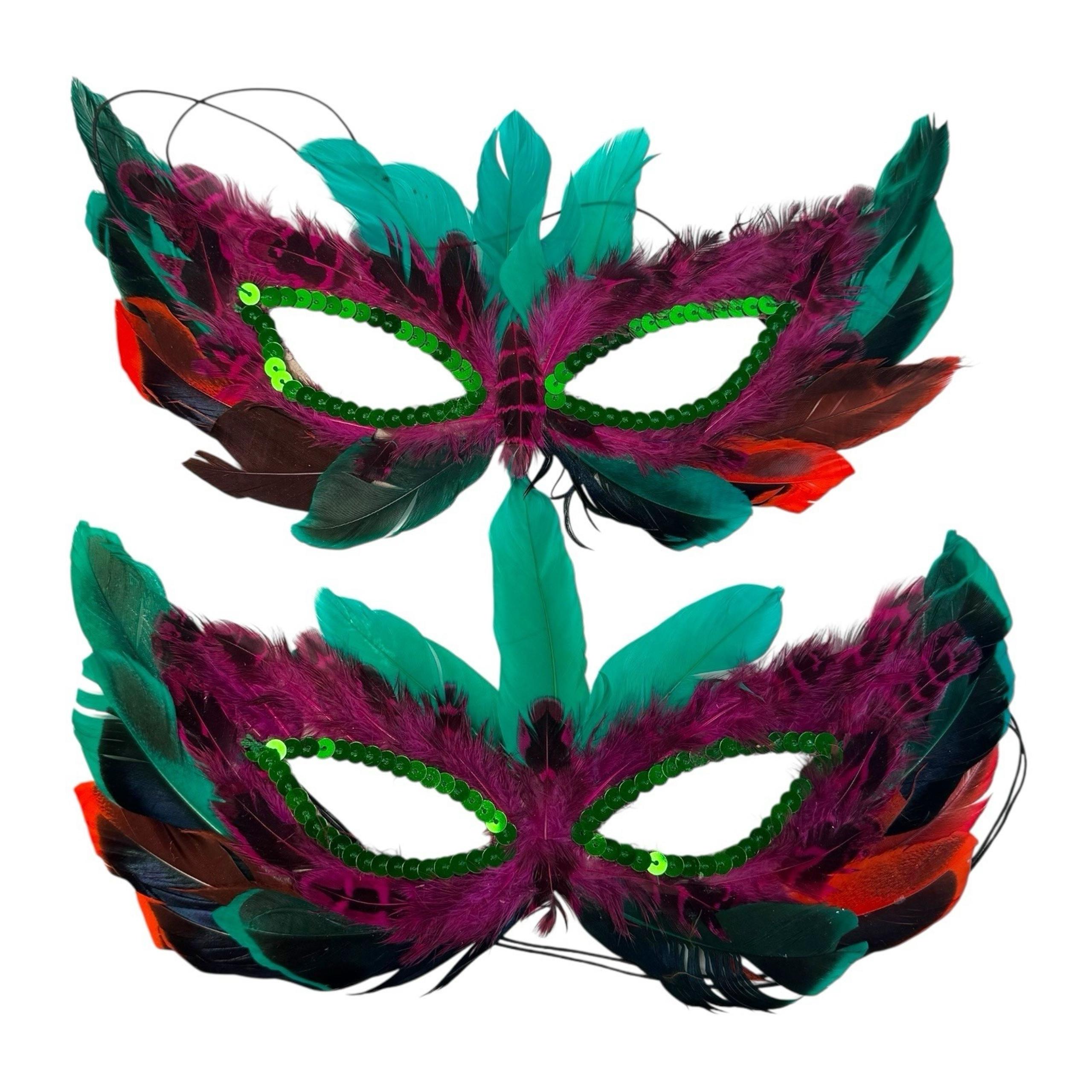 Purple / Green 2 Feather Masquerade Ball Mardi Gras Halloween Mask Costume A18G