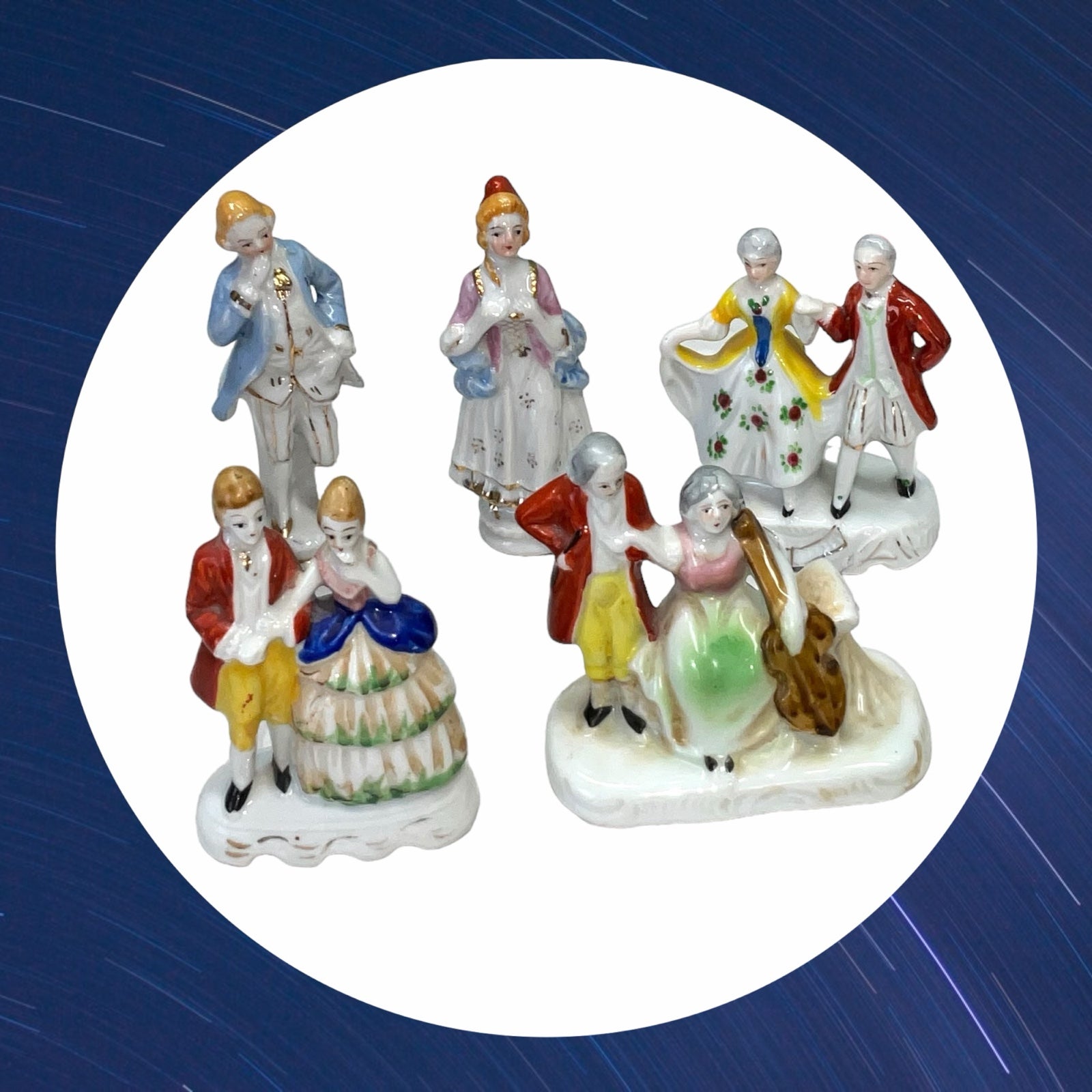 4 Antique Porcelain Colonial Couple Figurines Hand Painted Occupied Japan