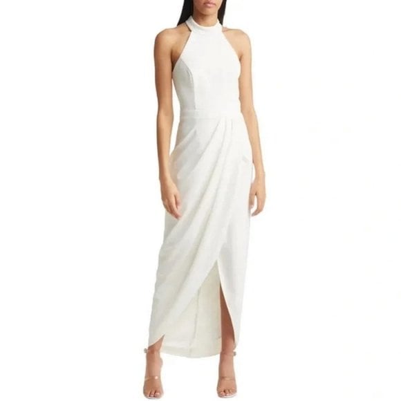 Xscape Ivory Halter Neck Crepe Gown
