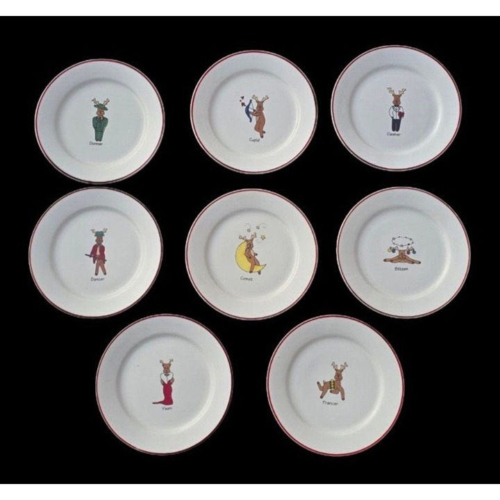 8 Reindeer Salad Plates by Rainbow Mountain 8 1/4 in READ Discontinued