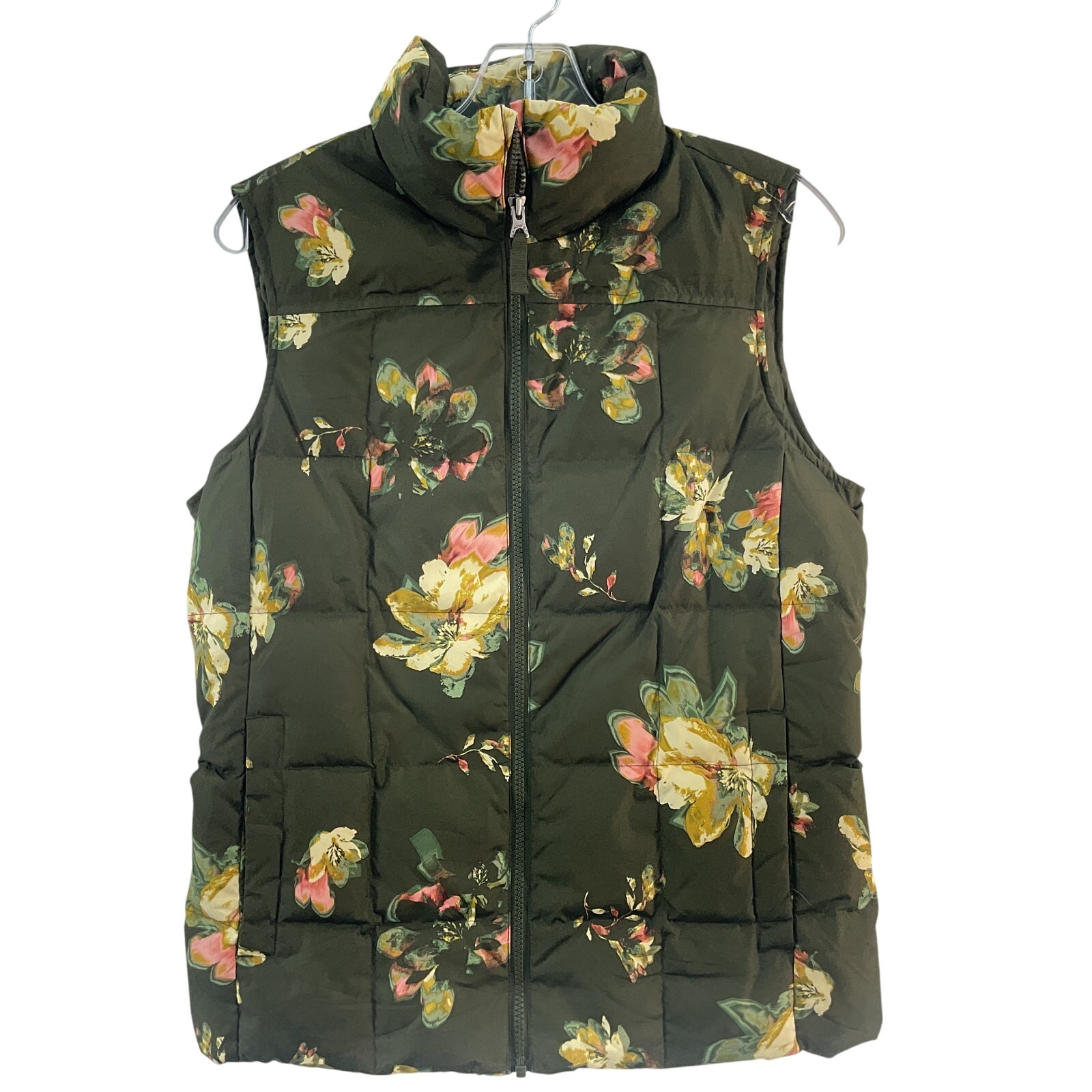 Lands' End Brown Green Floral Down-Filled Zip-Up Puffer Vest Women's S Preowned