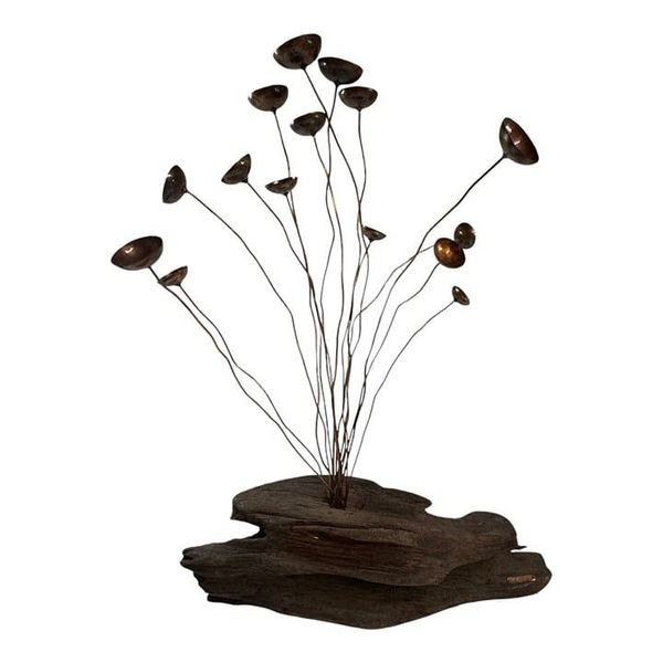 Mid-Century Modern Brutalist Copper & Driftwood Kinetic Mushroom Sculpture Brown
