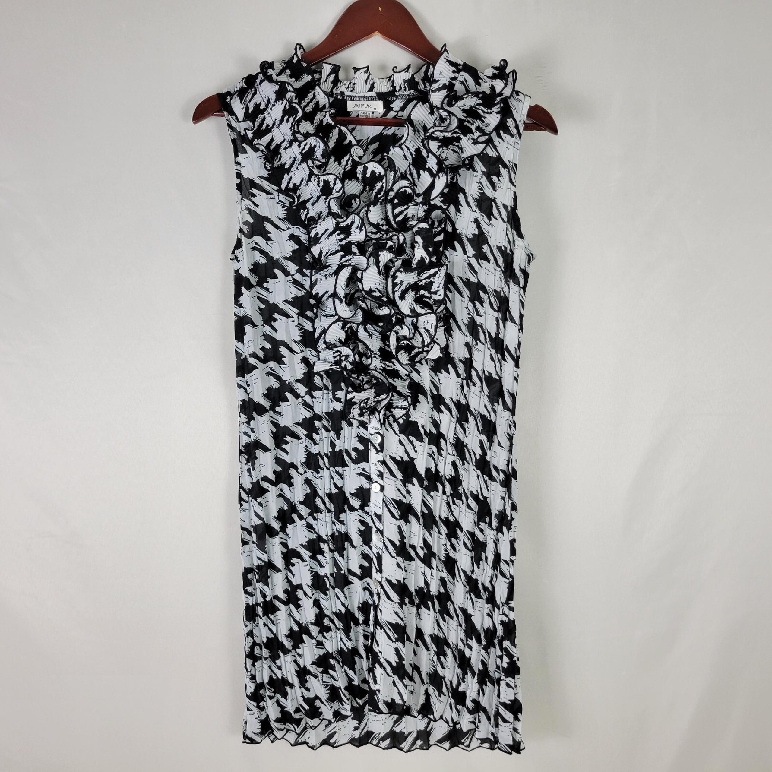 Jaipur Shirt Womens Small White Black Top Sleeveless Ruffle V Neck Button Up