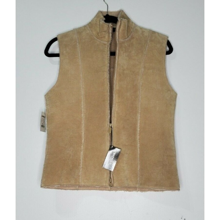 NEW Vintage Express Size S Suede Leather Faux Shearling Vest Boho Zip Up