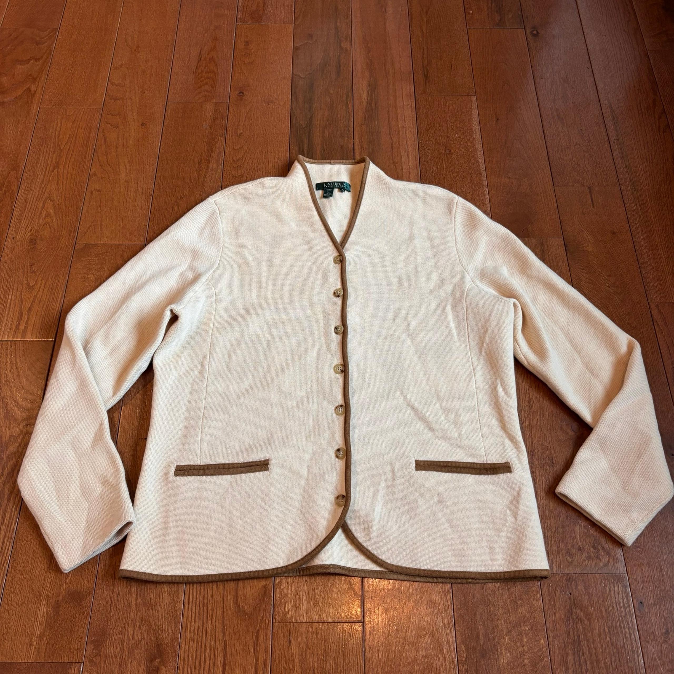 Womens Lauren Ralph Lauren 100% Wool Cardigan Sweater Ivory Brown sz XL