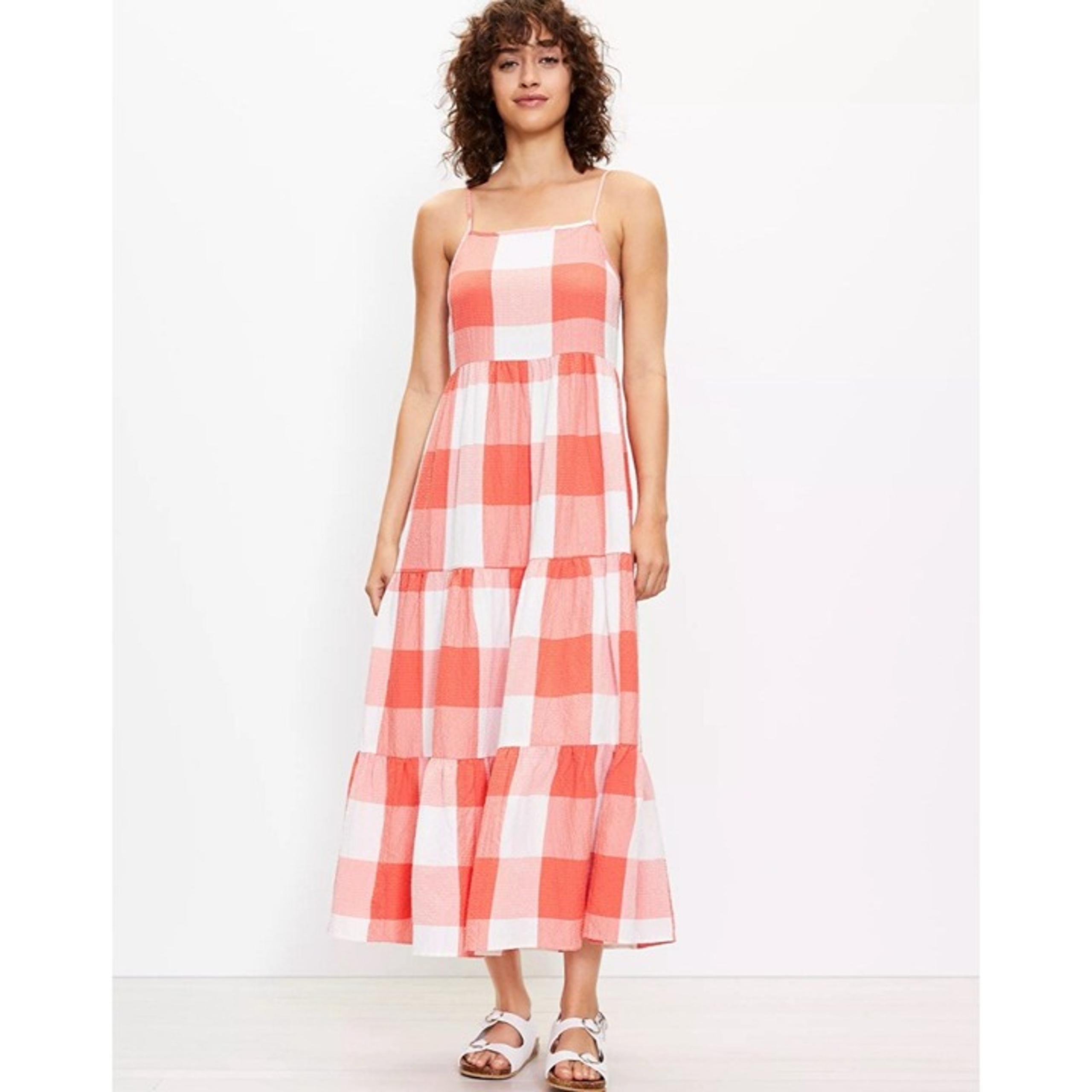 Lou & Grey Gingham Midi Dress Women Small Coral Tiered Farmhouse Peasant Cottage