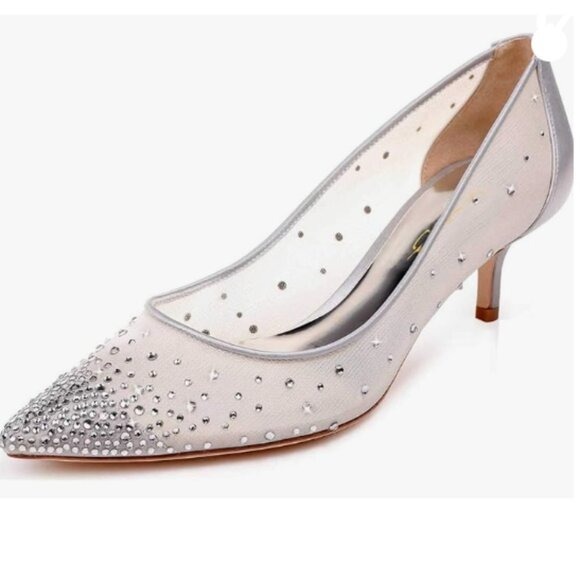 XYD Silver Low Heels Pumps Sheer Mesh Crystal Studs Closed Pointed Toe Sexy Shoe