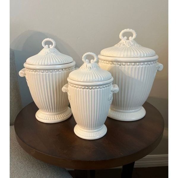 Vintage American Atelier Athena ironstone kitchen canisters set (3) Vintage