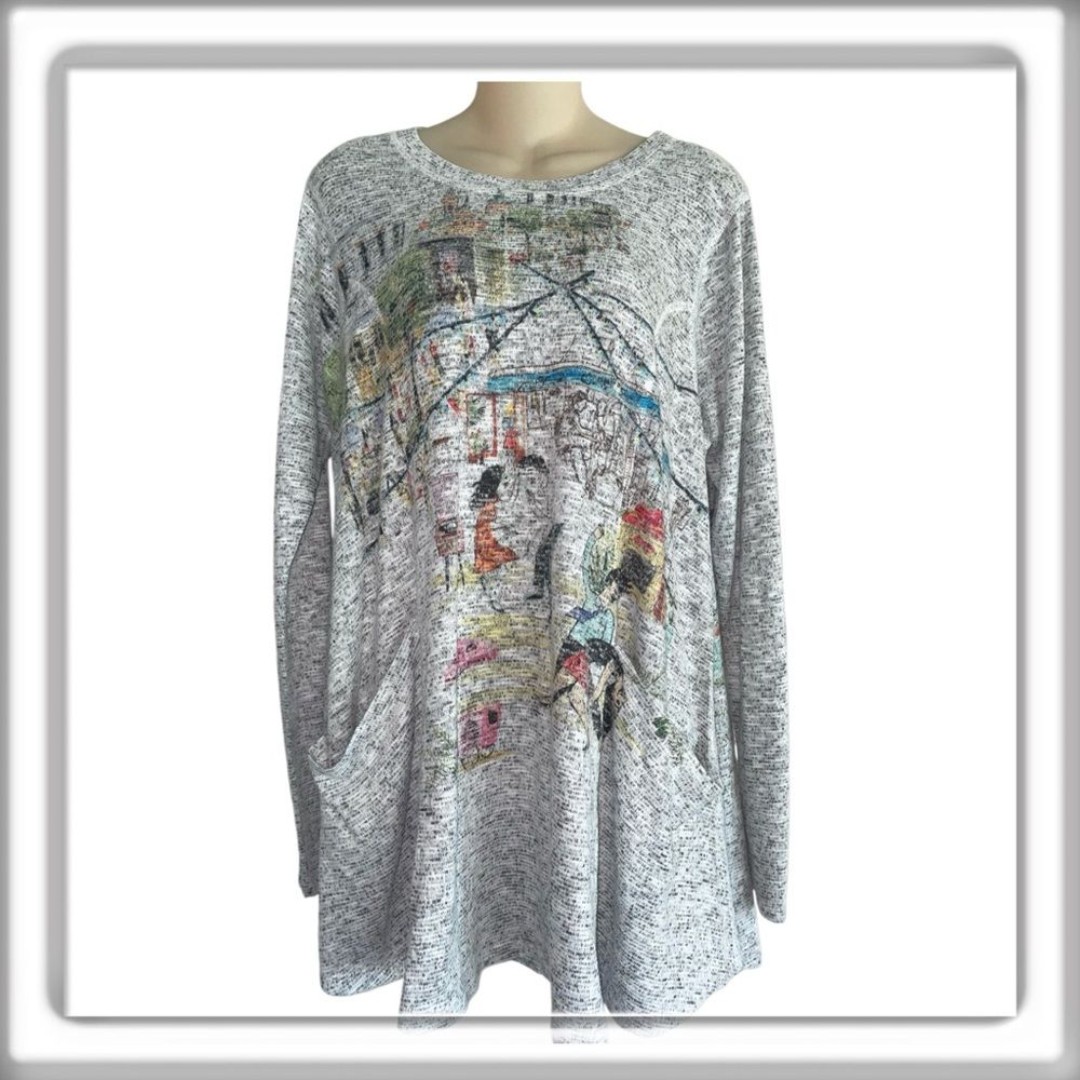Inoah Wearable Art Tunic Top 3/4 Sleeve Asymmetric Hem Crew Neck Size Medium