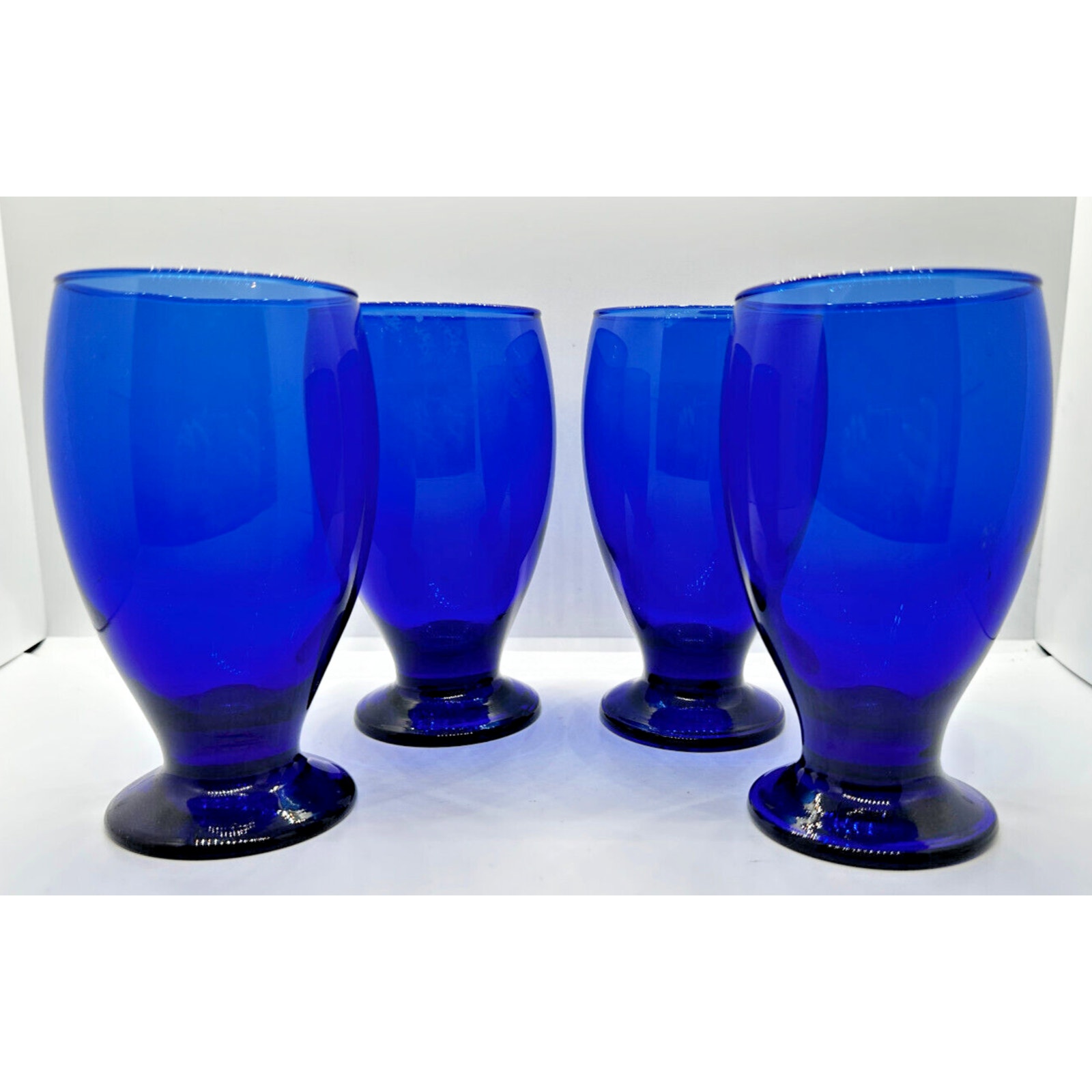 Set Of 4 Dark Cobalt Blue Footed Water Goblets Glasses 5-1/4 12 OZ