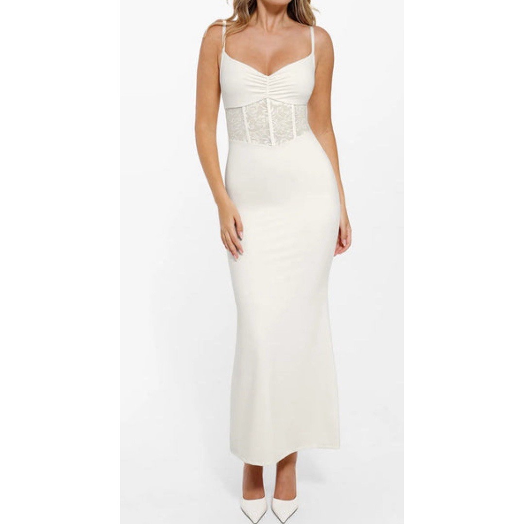 Popilush Shapewear Lace Inset Sculpting Pearl Colór Maxi Slip Dress Size L (161)